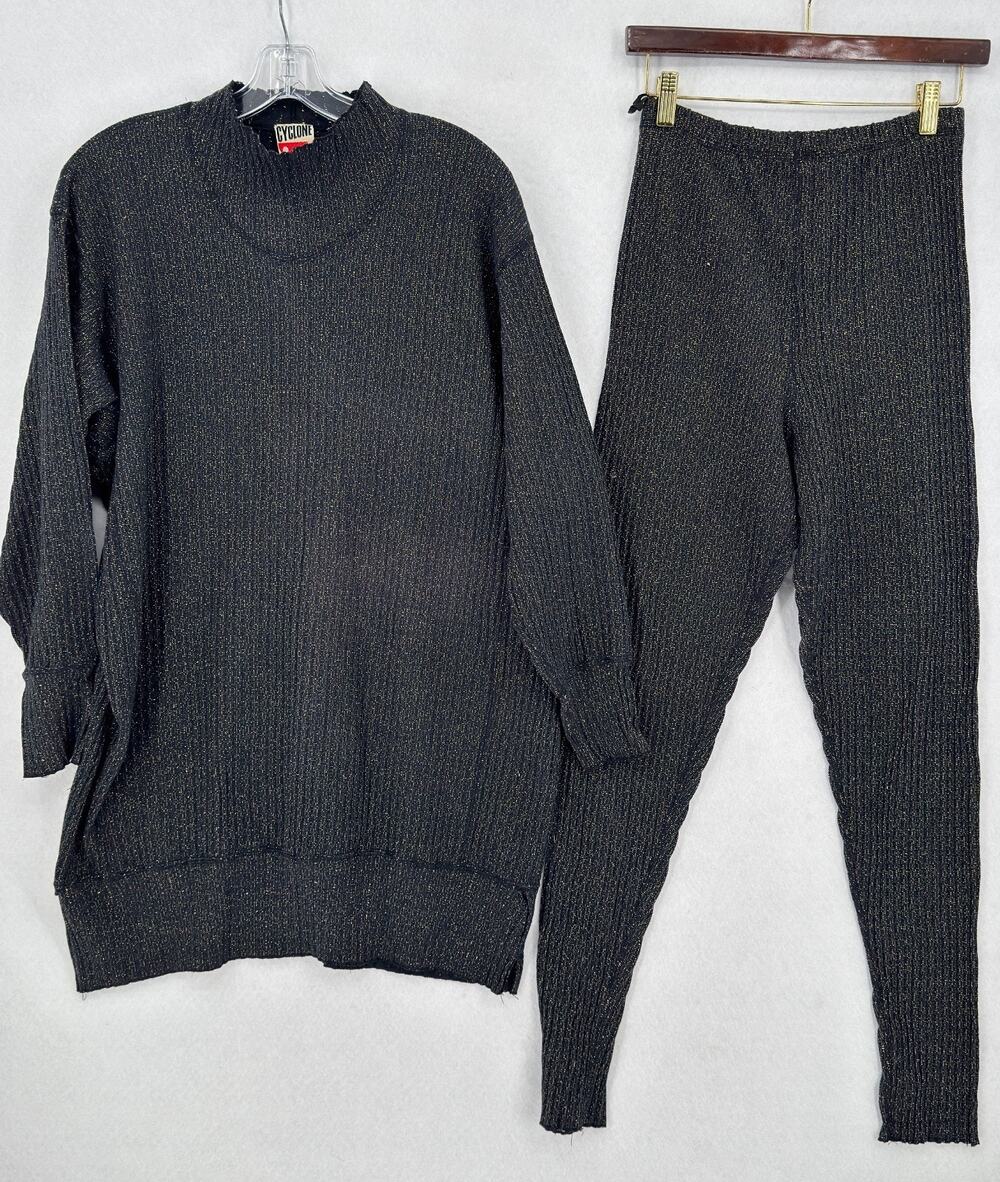 Vintage Cyclone Black Silver Metallic Knit Cotton Sweater Pant Set One Size